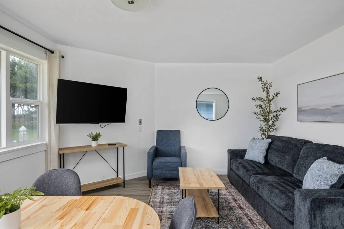A cozy living room with a soft sofa, modern coffee table, TV, mirror, and leafy plant. The space is bright and inviting, ideal for relaxing, movie nights, or simply unwinding after a day out.